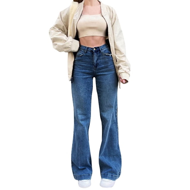 Bmisegm Jeans Évasés Taille Haute pour Femme, Bleu Foncé, L