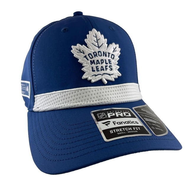 Toronto Maple Leafs Fanatics NHL hockey cap in blue with a white embroidered maple leaf logo and 'Toronto Maple Leafs' text on the front. It features a white mesh stripe above the curved brim with NHL Pro and Fanatics stretch fit labels, suitable for adult hats and accessories.