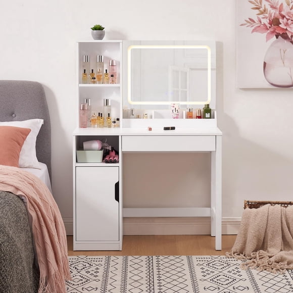 Mainstays Vanity with Lighted Mirror and Storage, White