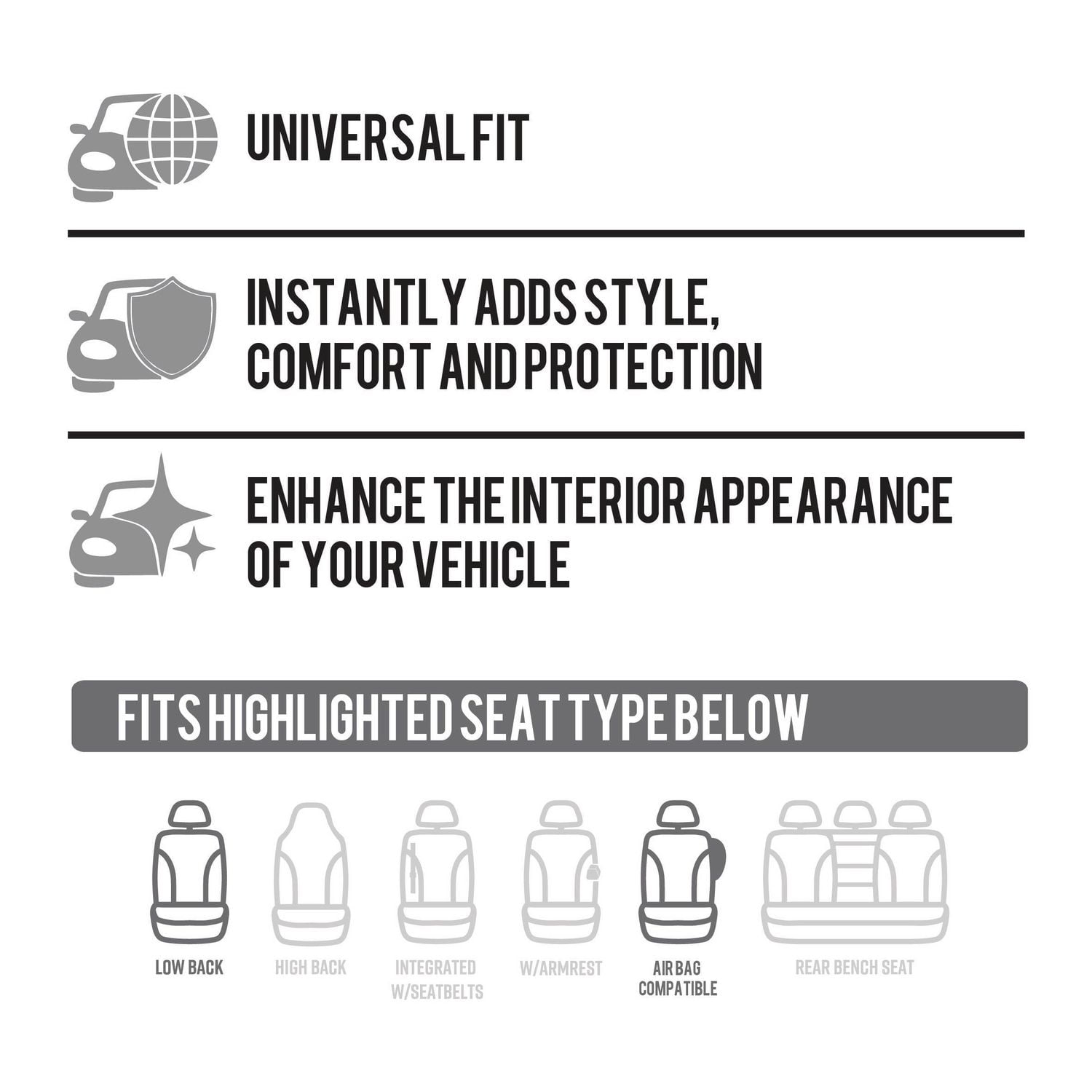 AUTO DRIVE Jacquard and Velour 2PC Front Seat Cover Low Back, Black