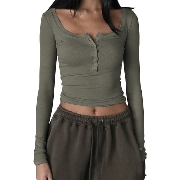 Fortune Women Knitted Henley Shirt Casual Solid Color Retro Long Sleeve Crop Tops