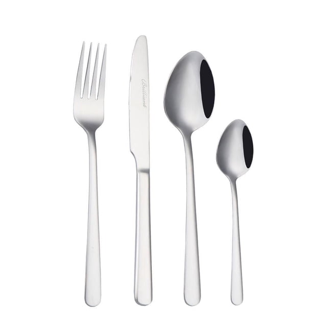 Oslo Ensemble de Coutellerie 16 Pcs en Acier Inoxydable 18/0 pour 4 avec Fourchette Polie, Couteau de table Gravé de Brilliant, Cuillère à Soupe et Cuillère à dessert sur Fond Blanc, Conçu pour les Repas Quotidiens et les Élégants Réglages de table.