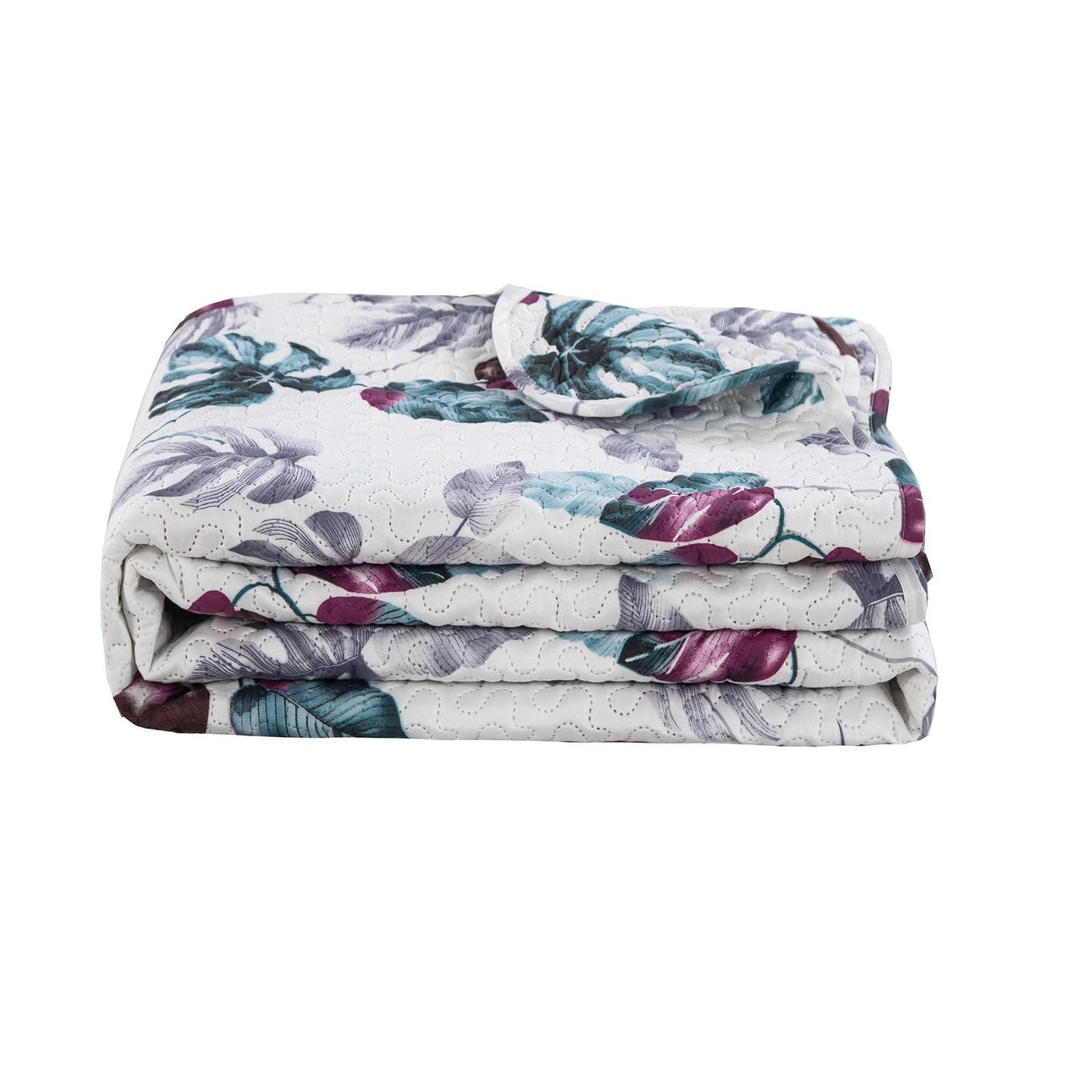 Marina Decoration Rich Printed Embossed Pinsonic Coverlet Bedspread Ultra Soft Bedding Summer Quilt Set with Shams, Modern Green Leaves Pattern