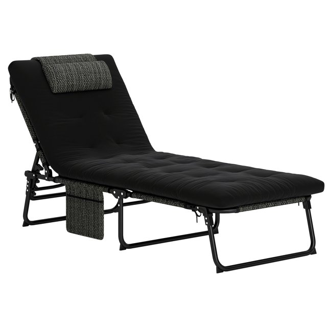 Outsunny Chaise Longue Pliante avec Coussin, Chaise de Bronzage Inclinable, Noire