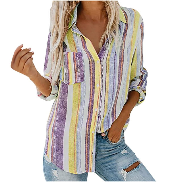 Cameland Blouses Mode pour Femmes Col en V Rayé Manches Retroussables avec Poche Chemise Ample