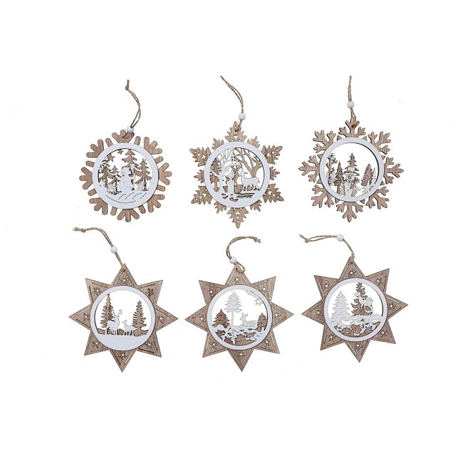Wooden Snowflake With Scenic Ornament - Set of 12 featuring natural wood Christmas tree ornaments shaped as snowflakes and stars with intricate cut-out winter scenes including deer, trees, and snowmen, each with a twine loop for hanging, ideal decorative accents for holiday home décor.