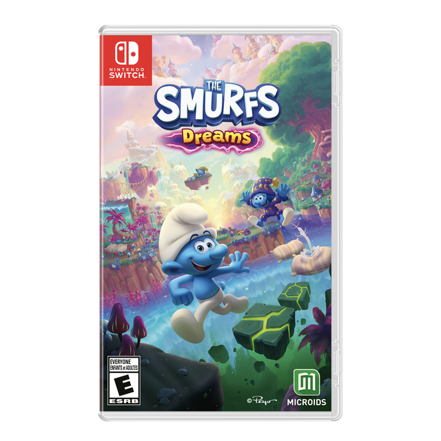 THE SMURFS DREAMS SWITCH game cover showing two blue Smurfs jumping across floating green platforms over a waterfall in a vibrant fantasy village, emphasizing adventure and platform gameplay for Nintendo Switch by Microids.