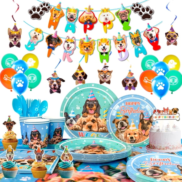 Fournitures de Fête pour Chiots, 159 Pcs Fournitures d'Anniversaire à Thème Chien Incluant Assiettes Bleues Gobelets Serviettes Nappe Bannière Ballon Décoration de Gâteau Etc. Fournitures de Fête