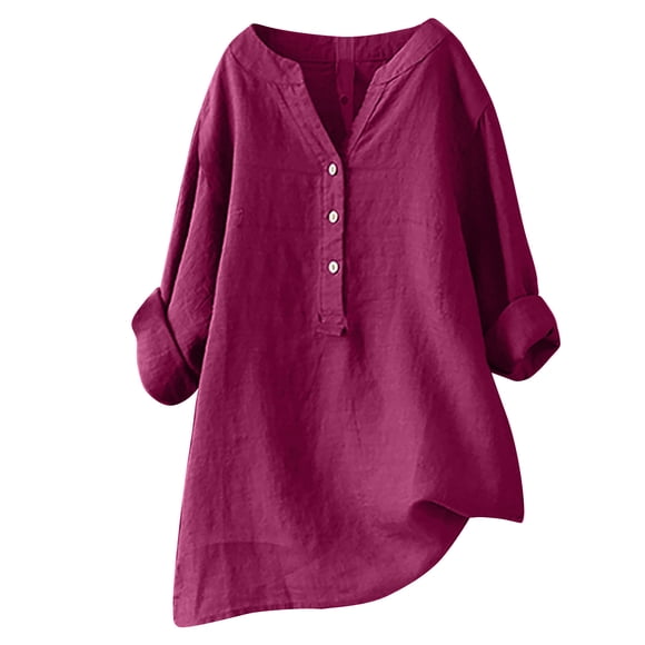 LMKIHUSA Cotton Summer Shirts for Women Button Down Long Sleeve Tops Solid Color V Neck T Shirt Plus Size Loose Fit Dressy Blouses Casual Vacation Summer 2025 Tunic Tees Hot Pink,XXXL