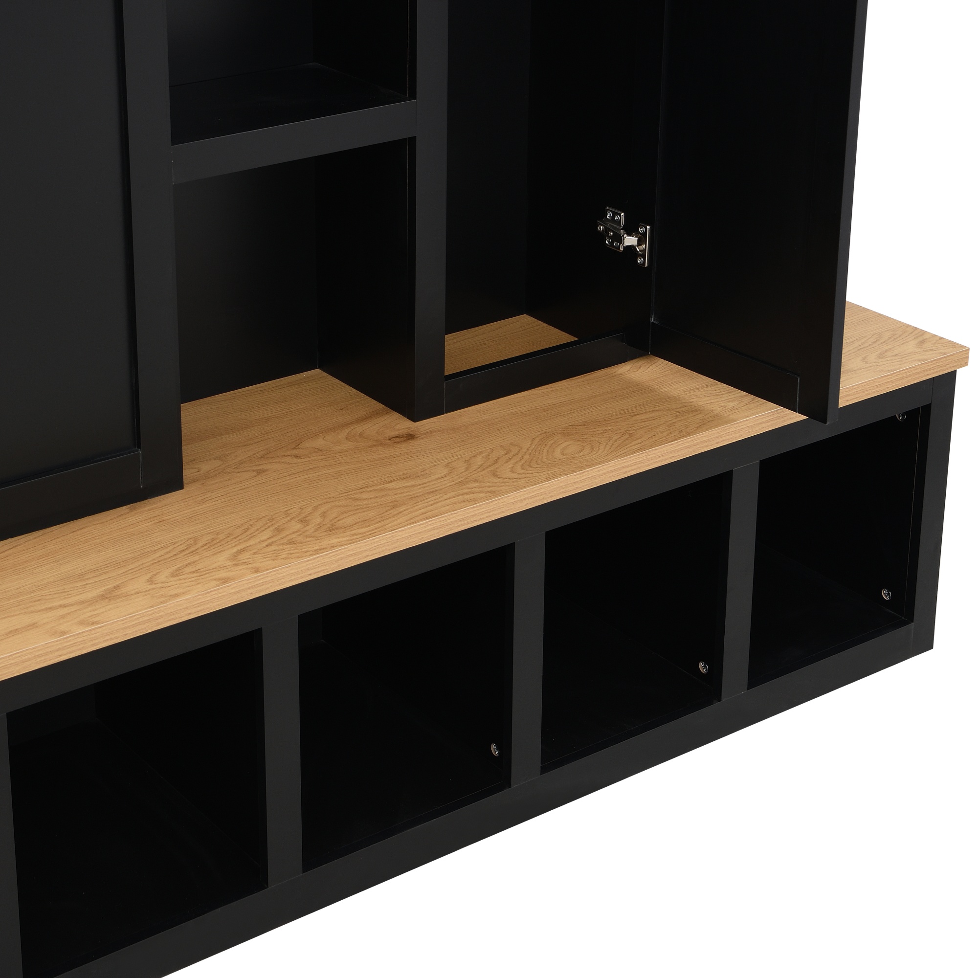 Noble House 62.9" Farmhouse Hall Tree with 6 Hooks,Wood Grain Bench & Shoe Cabinet for Entryway Living Room,Black