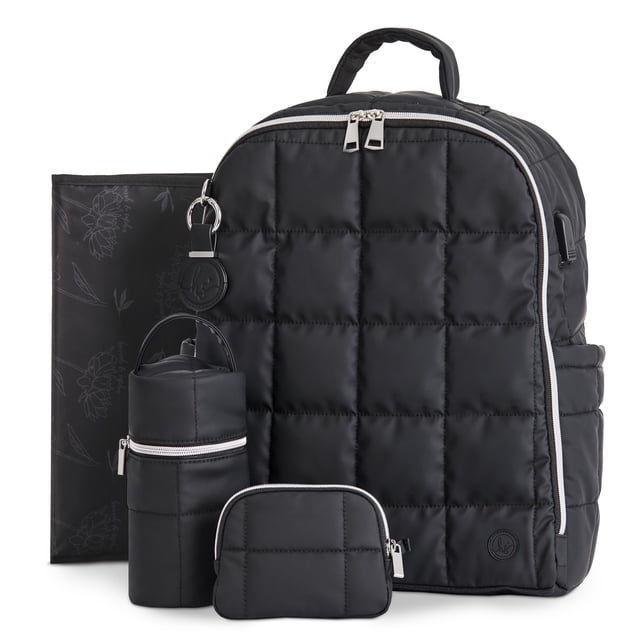 Hannah & Sophia North Backpack 5pc Set in midnight black includes a quilted diaper backpack with silver zippers, built-in USB-C port, adjustable straps, stroller attachments, thermal bottle bag, pacifier pouch, waterproof changing pad with floral print, and detachable AirTag keychain for organized baby essentials.