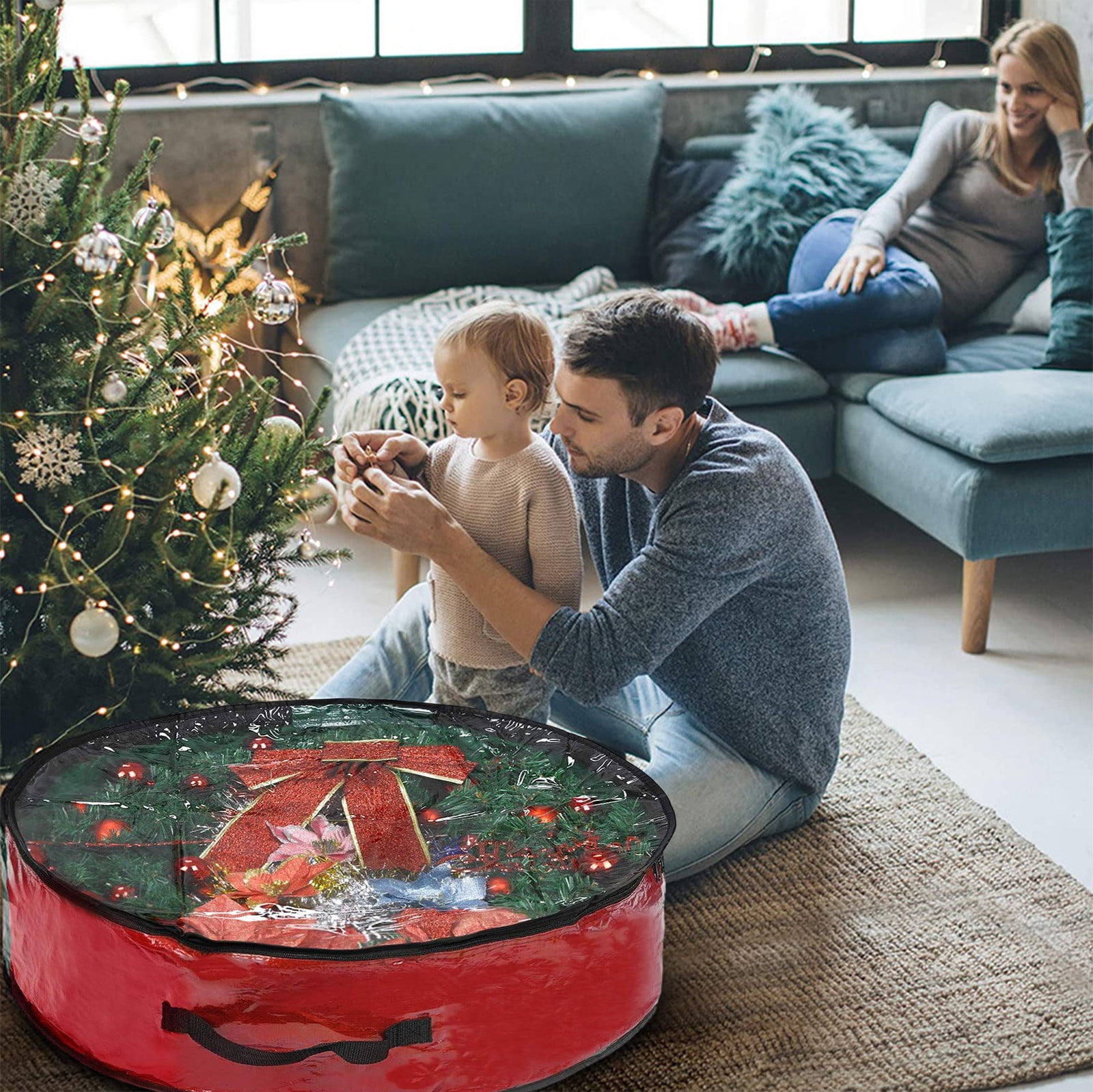 Économisez Gros! Sac de Rangement pour Couronne de Noël, Contenant des Fêtes Résistant aux Déchirures avec Fenêtre Transparente, Rangement Durable pour Guirlandes, Décorations et Articles Saisonniers
