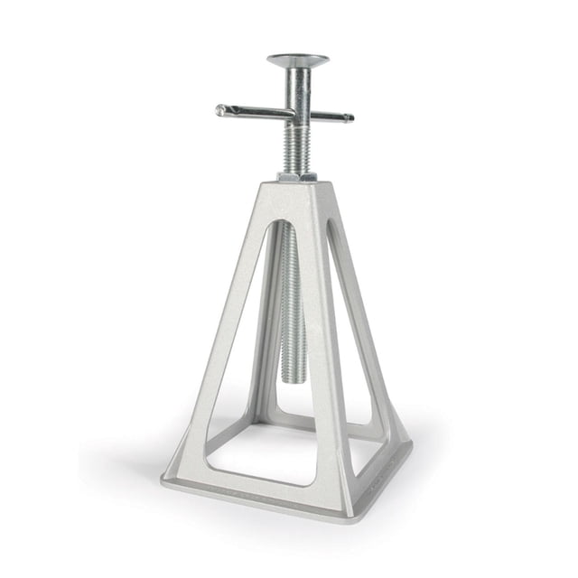 Camco 44560 Stack Jacks stabilizing trailer jack with cast aluminum triangular base and threaded adjustable screw with cross handle, supporting up to 6,000 pounds and extending from 11 to 17 inches for secure and level RV support.