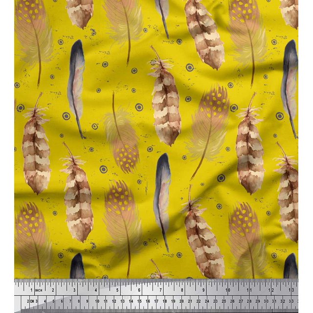 Soimoi Yellow Poly Georgette Fabric Eagle Feather Printed Craft Fabric by the Yard 52 Inch Wide