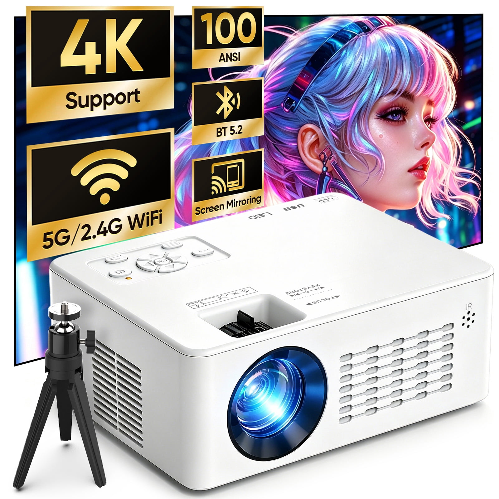GCZ Projector with WiFi and Bluetooth 5.2, Support 4K 1080P Video Projector with HDMI for Home Theater/Bedroom/Outdoor, 2026 Upgraded