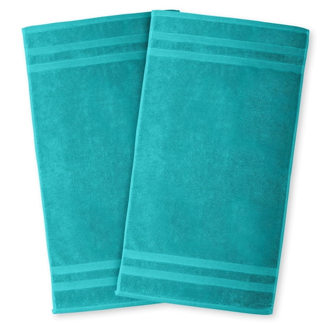 Camelot 2 Piece Bath Mat set 600 GSM Zero Twist Cotton in blue, showing two rectangular bath mats with looped cotton texture and double horizontal stripe detailing near edges, designed for bathroom rug sets with high absorbency and durability.
