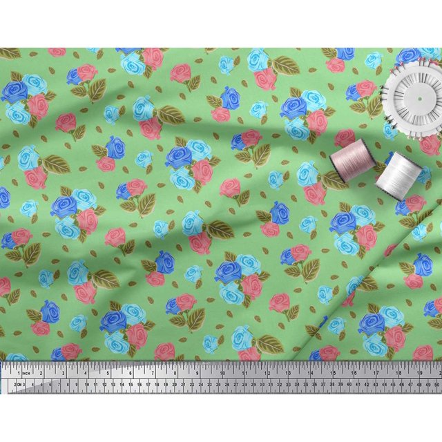 Soimoi Tissu Poly Georgette Imprimé Feuilles & Roses au Mètre 42 Pouces de Large