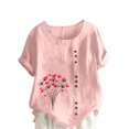 thumbnail image 2 of Jusqu'à 50 % de Rabais Horkkom Hauts Grande Taille pour Femmes Été Décontracté Chemises en Lin à Manches Courtes Col Rond Imprimé Floral Blouses Amples, 2 of 4