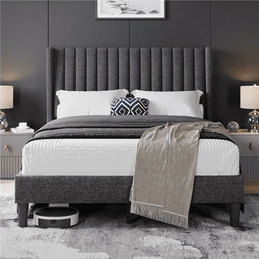 Yaheetech Modern Upholstered Platform Bed with Channel Headboard for Adult, Full, Dark Gray