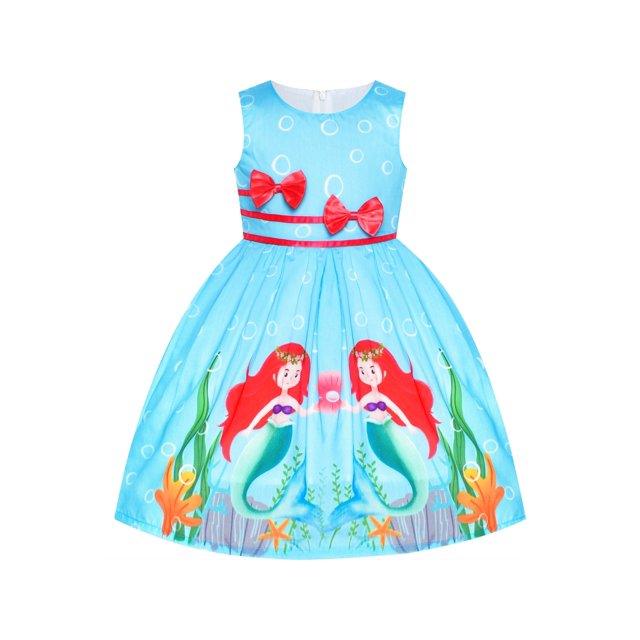 Robe Fille Bleue Décontractée Sirène Double Nœud Papillon Fête 9-10 Ans