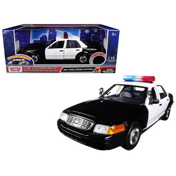 Motormax Jouet 73991 1-18 2001 Ford Crown Victoria Police Voiture Miniature Moulée sous Pression avec Lumières avant et Arrière et Son - Noir, Blanc