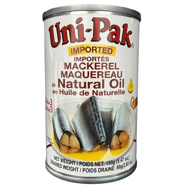 Uni-Pak Imported Mackerel in Natural Oil, 155g can. The label features bold red and black text with an image of tender mackerel chunks immersed in natural oil. The product is a ready-to-eat canned fish, high in protein and omega-3 fatty acids, ideal for salads, sandwiches, or quick recipes. Product of the Philippines.