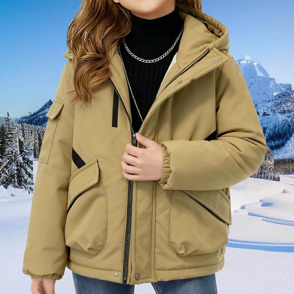 Mceream Girls Winter Coat Heavyweight Quilted Girls Jacket Zip Up Weather Resistant Puffer Kids Winter Coat with Pockets Chamarra Para NiñA Khaki 11-12Years