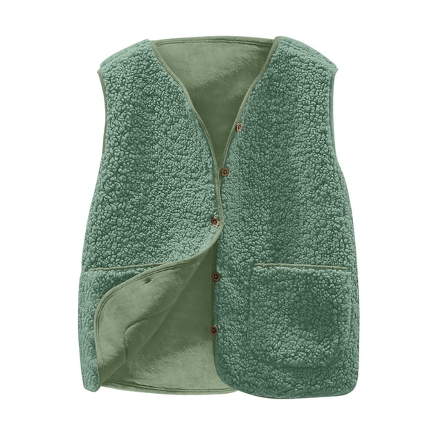 FAIWAD Womens Fleece Vest Fall Winter Warm Sleeveless Button Down Waistcoat Solid Color Loose Vest Coat