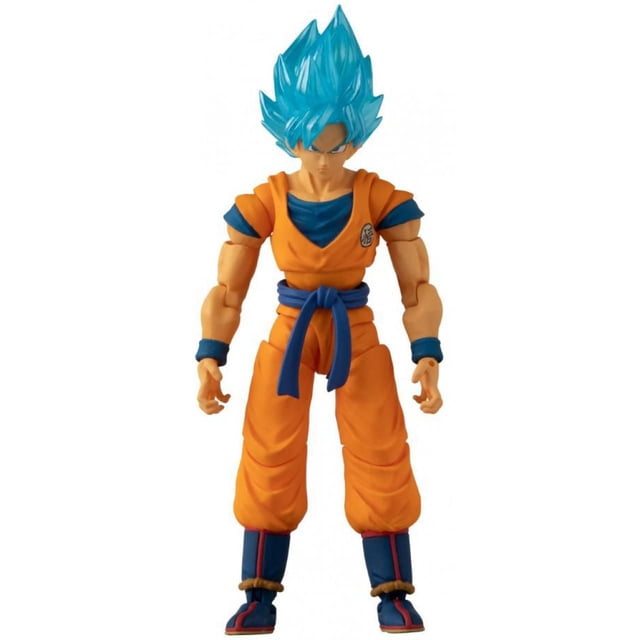 Dragon Ball Super - 5'' Action Figure - Super Saiyan Blue Goku, a 5-inch articulated plastic figure with bright blue spiked hair, orange martial arts gi with blue undershirt, blue belt, wristbands, and boots featuring red trim and brown fur accents, suitable for anime battle reenactments and collectible display.