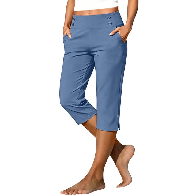 Timegard Womens Capri Pants Stretch High Waist Button Pull on Work Business Casual Pants for Summer with Pockets