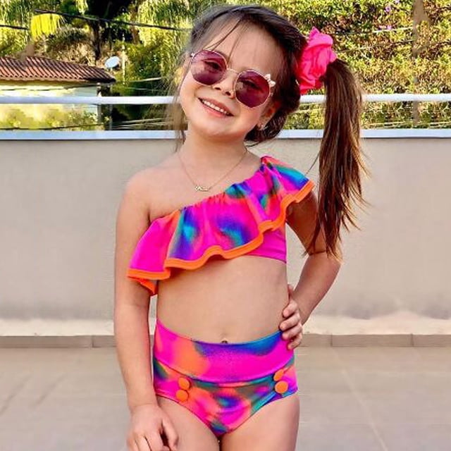 LSLJS Toddler Baby Girls Tie-Dye Ruffle Swimwear One Shoulder Bathing Suit Bikini Set, Baby Swimwear