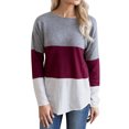 thumbnail image 3 of Women Tricolor Spliced Round Neck Long Sleeve Pullover Top, 3 of 7