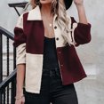 thumbnail image 2 of IROINID Veste Courte en Shearling pour Femmes, Col Rabattu, Couleur Contrastée, Manches Longues, Manteau Décontracté Chaud, Veste d'Hiver à Boutons, Patchwork, Vin, 2 of 6