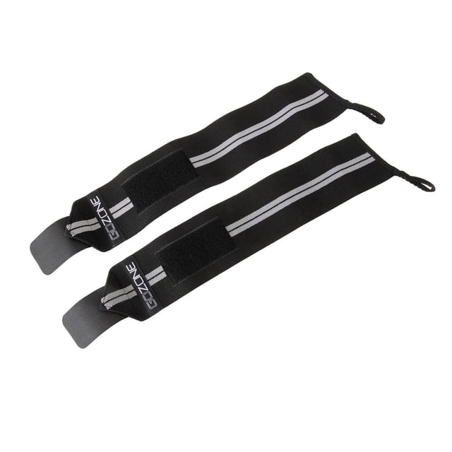 GoZone 2 Pack Wrist Wraps – Black, two black elastic wrist wraps with grey double stripes, each 18 inches long with thumb loops and industrial-strength Velcro closures, designed to support wrists during weightlifting and reduce fatigue.