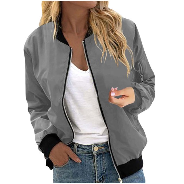 Womens Fashion Jacket Casual Stand Collar Zip Up Lightweight Coat Fall Color Block Jackets with Pockets Gray L