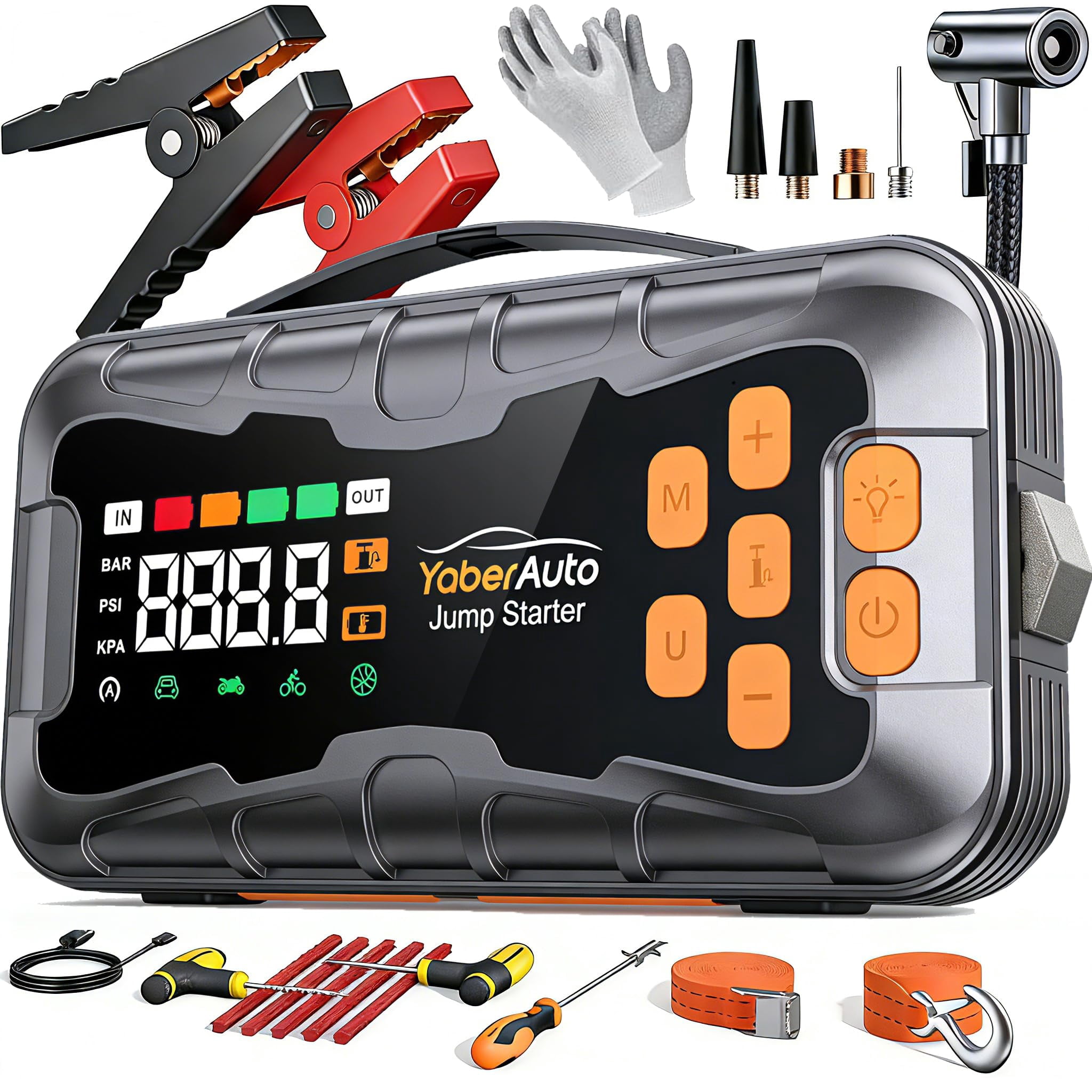 YaberAuto 16-in-1 Jump Starter with Air Compressor 8000A 160PSI Car Battery Jump Starter (All Gas/14L Diesel) 12V Jump Box Car Ba