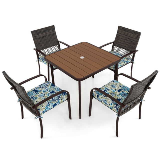 Costway 5 PCS Patio Dining Set with Wood-Plastic Tabletop & Umbrella Hole for Backyard. This set includes a 35-inch square table with a wood-plastic slatted surface and a 2-inch umbrella hole, paired with four armchairs featuring mix brown PE rattan backrests and floral-patterned cushions. The metal frame ensures durability, while the ergonomic design and soft cushions provide comfort. Ideal for outdoor dining in backyards, porches, or poolside areas.