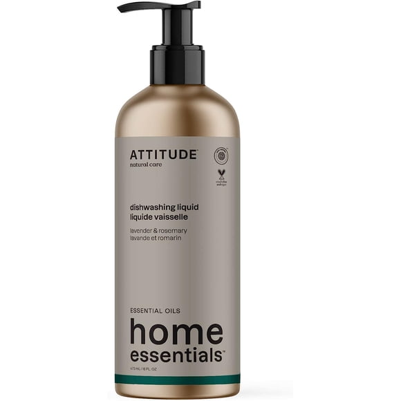 ATTITUDE Dish Soap with Essential Oils, Made in Canada, EWG Verified, Plant and Mineral-Based Ingredients, Vegan Household Products, Lavender and Rosemary, Refillable Aluminum Bottle, 473 mL
