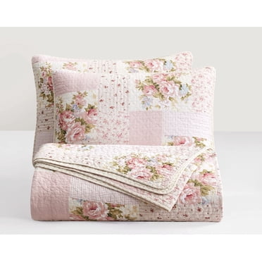 Chezmoi Collection Ensemble de Courtepointe en Coton Patchwork Imprimé 3 Pcs Rose - Fleurs Roses à Rayures à Pois - Couvre-Lit Léger Délavé à la Pierre, Format Très Grand
