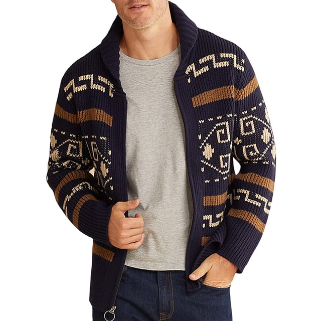 MAWCLOS Men Cardigan Sweater Lapel Cardigans Zip Up Outwear Slim Fit Travel Long Sleeve Sweaters Navy Blue 2XL