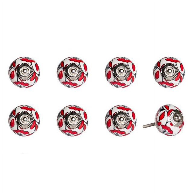Knob-it 676685031464 Ensemble Vintage de Boutons Ronds en Céramique Peints à la Main - Blanc et Rouge - Lot de 8