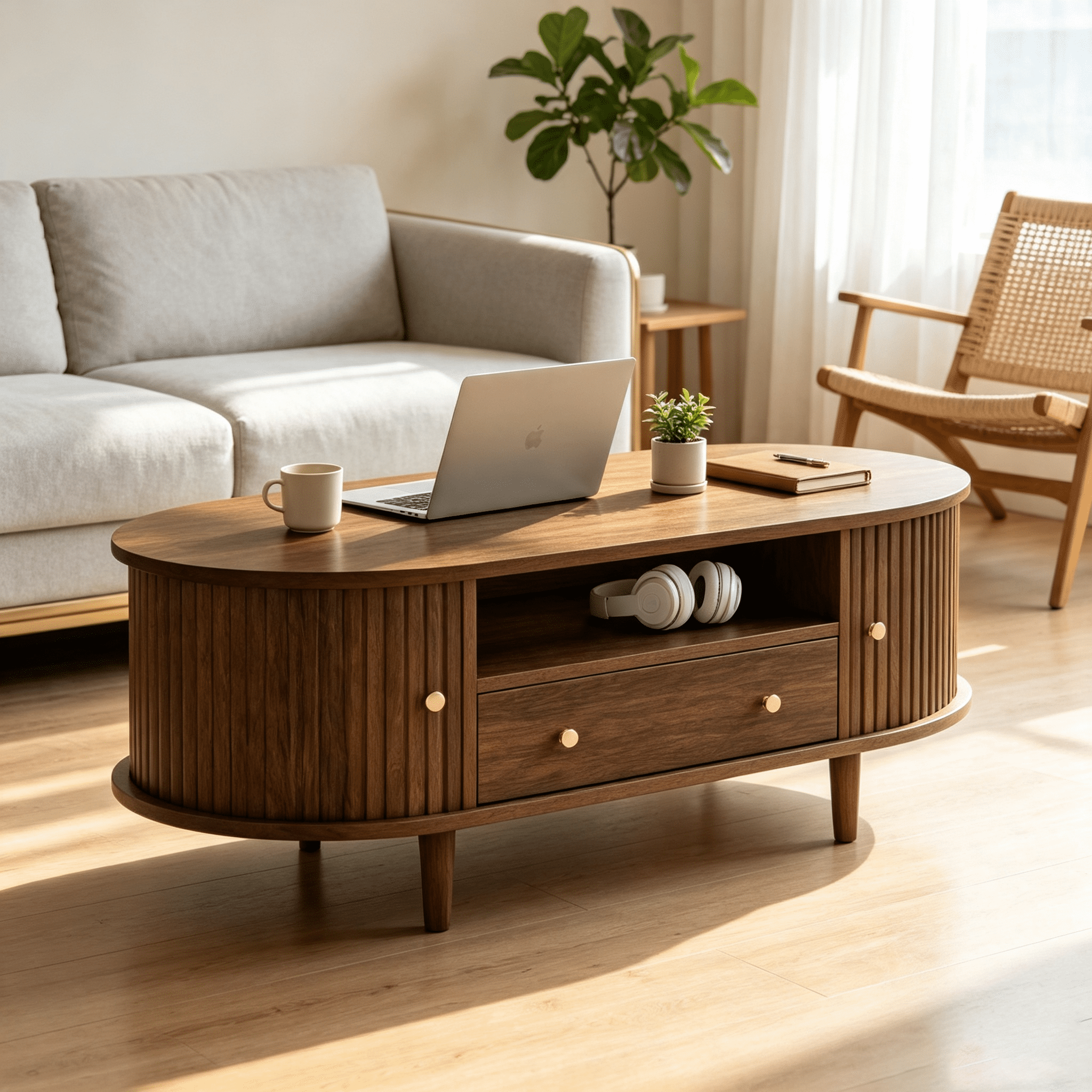 Homy Casa table basse ovale noyer avec tiroir, tablette ouverte et portes tambour pour le salon