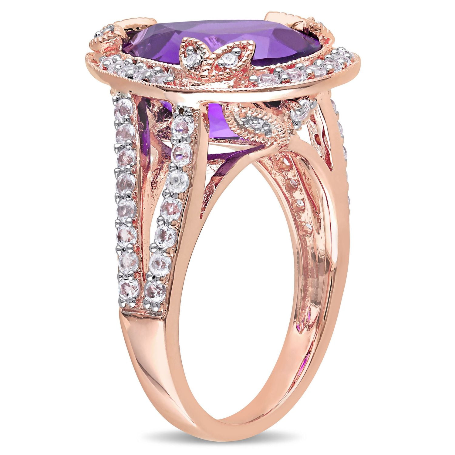 Bague cocktail en forme de larme Tangelo avec améthyste et topazes blanches 5,88 ct PBT et accents de diamants en argent sterling plaqué de rhodium rose