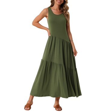 INSPIRE CHIC Women's Summer Casual Sleeveless Crew Neck Sundress A-Line Flowy Tiered Maxi Dress L Army Green