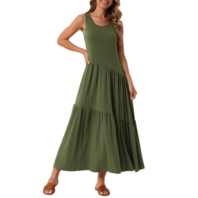 INSPIRE CHIC Robe d'Été Décontractée Sans Manches à Col Rond pour Femme, Ligne A, Fluide, à Volants, Maxi, L Vert Armée
