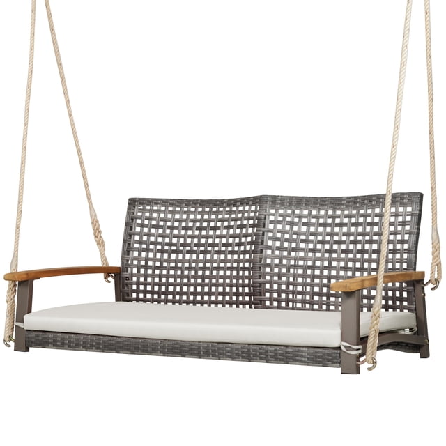 Patiojoy Patio 2-Person Rattan Porch Swing Chair with 118' Hanging Ropes and Seat Cushion, Off White. This swing chair features a mix grey PE rattan frame with a breathable woven design, curved wooden armrests, and a soft off-white cushion with a removable cover for easy cleaning. The chair measures 55 inches in length and accommodates two people with a weight capacity of 800 lbs. It includes two 118-inch hanging ropes for secure installation and is ideal for use on a front porch, backyard, or garden.