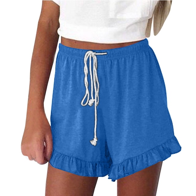 Womens Versatile Shorts Casual Pleated Hem Wide Leg Elastic Waist Drawstring Short Solid Color Loose Comfy Pants