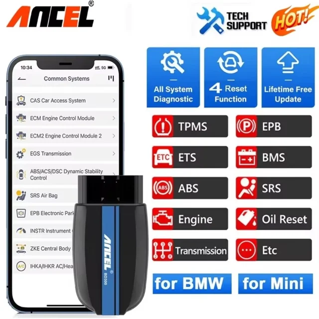 ANCEL BD300 Wireless OBD2 Scanner designed for BMW, MINI, and Rolls Royce vehicles, shown with its compact black and blue design alongside a smartphone displaying diagnostic system options. Features include all-system diagnostics, four reset functions like EPB and oil reset, and lifetime free updates. Compatible with iOS and Android devices for seamless pairing.