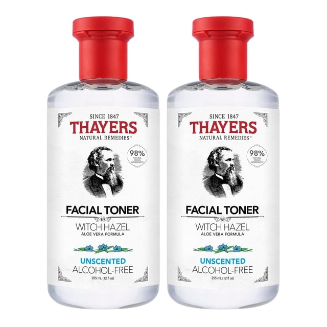 THAYERS Alcohol-Free Witch Hazel Unscented Face Toner with Aloe Vera, Duo Pack, two clear 355 mL bottles with red caps, featuring an alcohol-free, unscented formula that hydrates skin, improves texture, and reduces pore appearance with natural witch hazel and aloe vera.