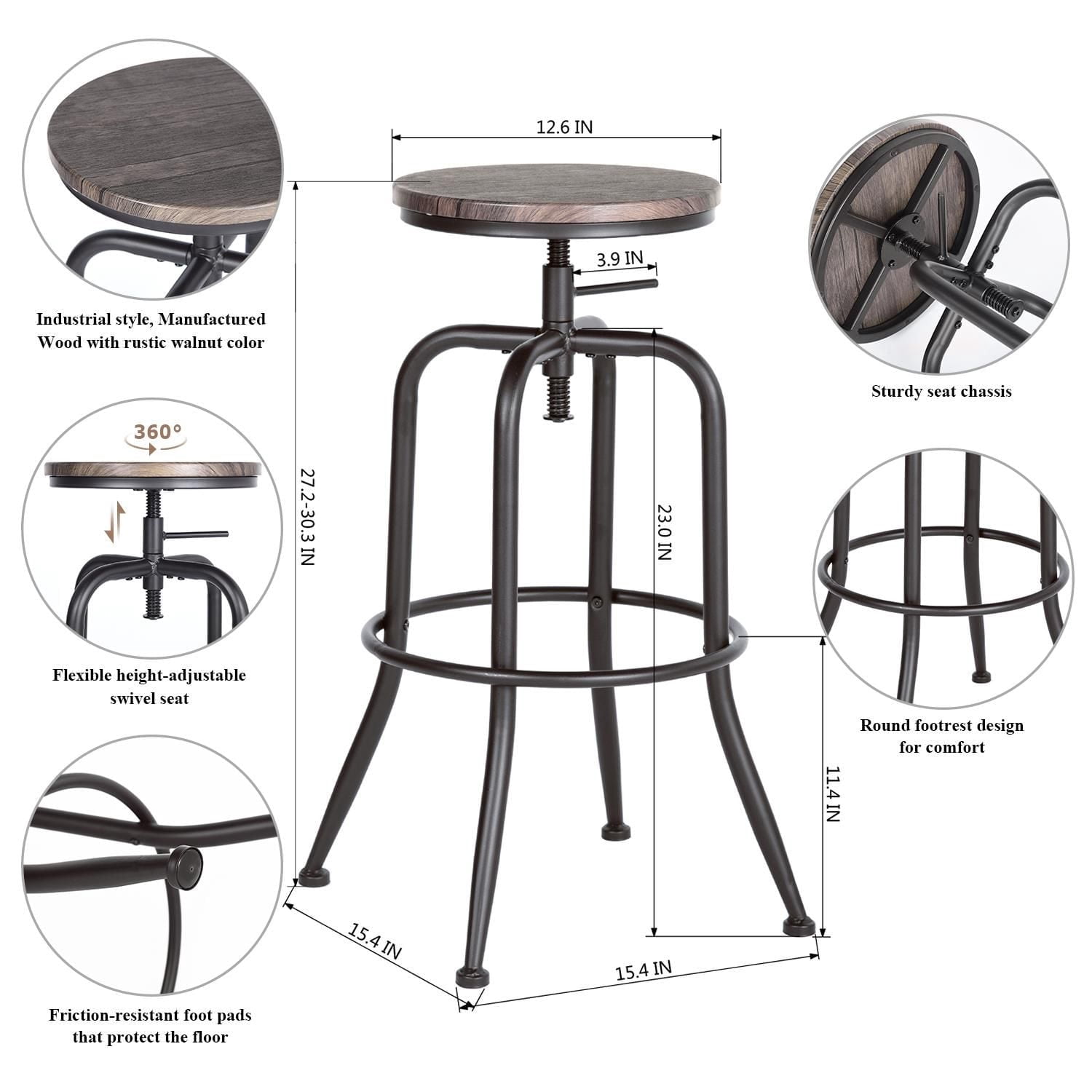Homylin Ensemble de 2 barstools, chaises de comptoir modernes sans dossier à hauteur réglable de 27.2" à 30.3", ensemble de chaises de bar rondes pour cuisine, salle à manger, bar, pub, petit déjeuner